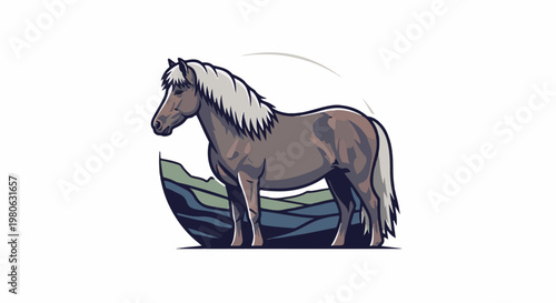 A stylized brown horse with a white mane stands on rocky terrain