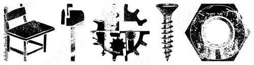 Chair, mailbox, gear assembly, screw, hex nut mechanical and household rendered with gritty halftone texture, ideal for engineering or vintage design projects.