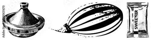 Moroccan tagine pot with conical lid, striped melon fruit, sweetener packet, halftone vector art, culinary ingredients, minimalist design.