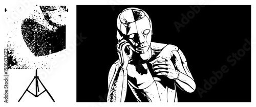 Abstract humanoid silhouette with halftone shading, split cranial motif, graphic illustration, vector art style, aesthetic, isolated figure, bold.