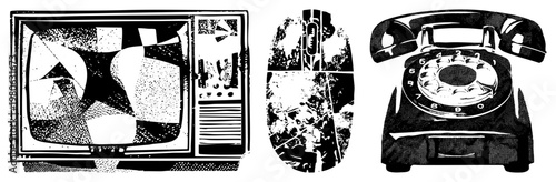 Retro displaying abstract, rotary phone with circular dial, fragmented oval shape, halftone texture, classic communication devices.