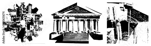 Fragmented classical architecture collage, neoclassical ruins, vector architectural elements, black and white halftone print, stylized ruins, geometric fragments, historical building motifs.