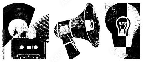 Cassette tape, megaphone, and lightbulb symbols rendered in retro halftone style, vector graphic, black and white, isolated for and communication themes.