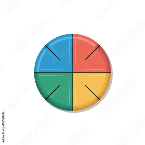 Isometric round pie chart with slice dividers, colorful segments, statistics graphic, marketing report slide, dashboard widget, data visualization illustration, vector