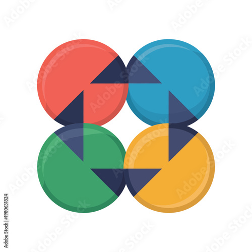 Isometric overlapping circles with arrow pointers, cyclic process diagram, feedback loop infographic, agile sprint planning, presentation template, illustration, vector design