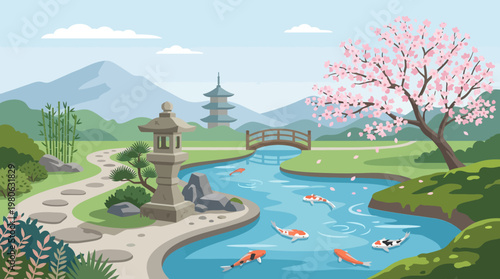 Traditional Japanese garden with koi pond and cherry blossom tree in spring season featuring stone lantern and bridge vector illustration