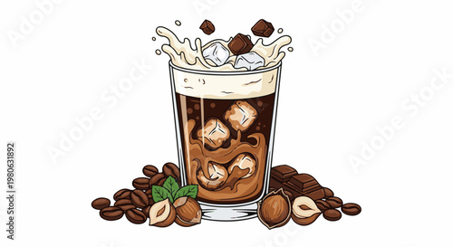 A cool, frothy, chocolate-infused coffee drink with ice, nuts, beans, and chocolate bars