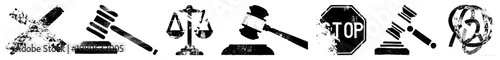 Distressed black and white gavel, scales of justice, stop sign, out number two, legal symbols, gritty textures, isolated vector graphics.