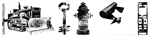 Retro stylized bulldozer, old fashioned key, fire hydrant, rolled up paper, circuit board all vector with halftone texture. Industrial, mechanical, and tech motifs in.