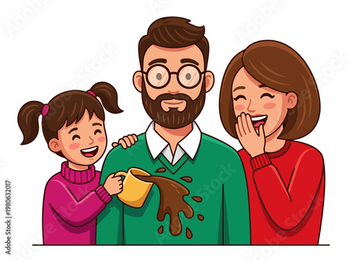 Funny Cartoon Illustration of a Daughter Spilling Coffee on her Father's Sweater while Mother Laughs