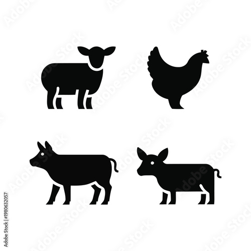 Farm animal silhouette set, cow sheep goat and chicken icons for livestock show banner, organic meat label, countryside vector