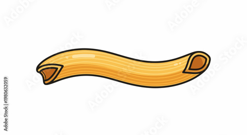 A stylized cartoon illustration of a single, elongated, curved pasta tube with ribbed texture