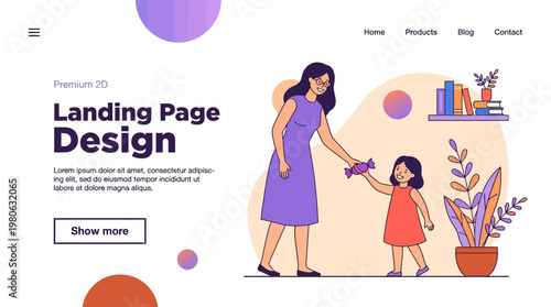 Mother Giving Candy to Daughter Landing Page Design Template. Vector Flat Illustration of Mom Rewarding Child with Sweet. Family Concept for Website.