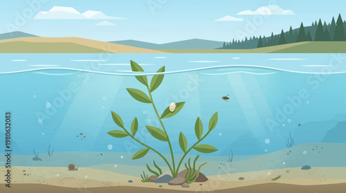 Underwater view of aquatic plant with insect egg on leaf in freshwater lake environment featuring snail and bubbles in flat illustration