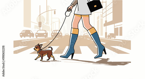 Person walks small dog across city street on a sunny day