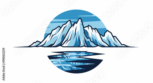 Jagged ice-capped peaks reflect in icy water under a blue sky