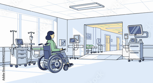 Person in wheelchair in modern hospital room with medical equipment