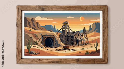 Framed old abandoned desert gold mine vector illustration with wooden structures mine entrance rail cart sunset