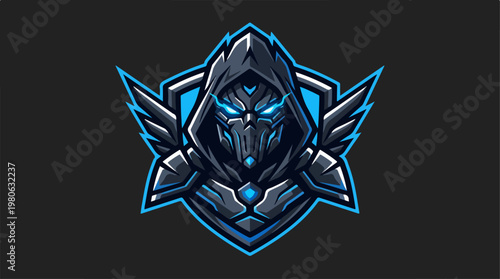 Mysterious digital art of a futuristic warrior with glowing eyes.