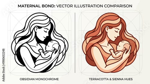 Maternal Bond Vector Illustration Set: Mother Holding Baby in Minimalist Monochrome and Terracotta Earth Tones