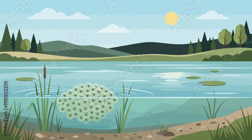 Frog spawn eggs in freshwater lake with reeds and lily pads under bright sun in flat vector illustration of wildlife environment