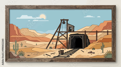 Framed old desert mine entrance vector illustration with wooden structures tracks mine cart sunny landscape