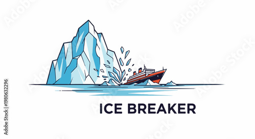 A stylized illustration shows a ship breaking through a large iceberg