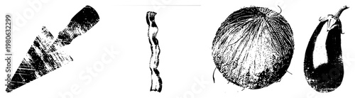 Black and white textured vector art of kitchen items knife with worn blade, crispy bacon strip, hairy coconut, glossy eggplant isolated food and tool.