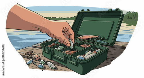 Hand selects lure from tackle box by calm lake