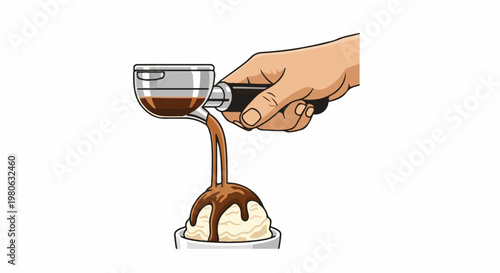 Hand pouring espresso over a scoop of vanilla ice cream in a bowl