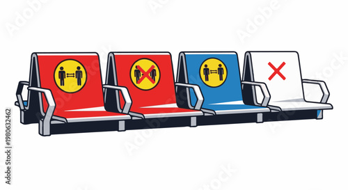 Row of empty seats with social distancing symbols in various colors