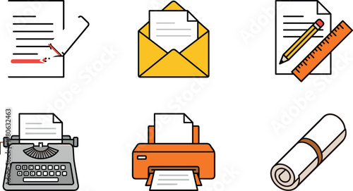 Document Writing and Office Equipment Icon Set for Professional Content Creation, Creative Copywriting, Business Correspondence, Printing Services, Legal Documentation, and Academic Research Concepts