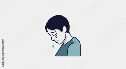 A stylized illustration of a person weeping, with a tear and droplet falling