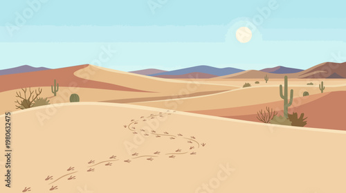 Winding animal footprints across vast desert sand dunes vector illustration with cacti distant mountains sun