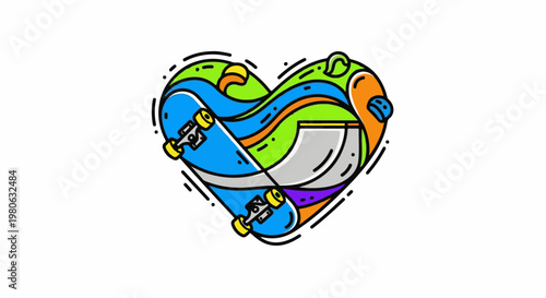 Colorful heart-shaped skate park with boards and ramp