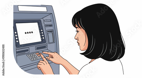 Woman's hands use keypad at ATM, entering password on screen