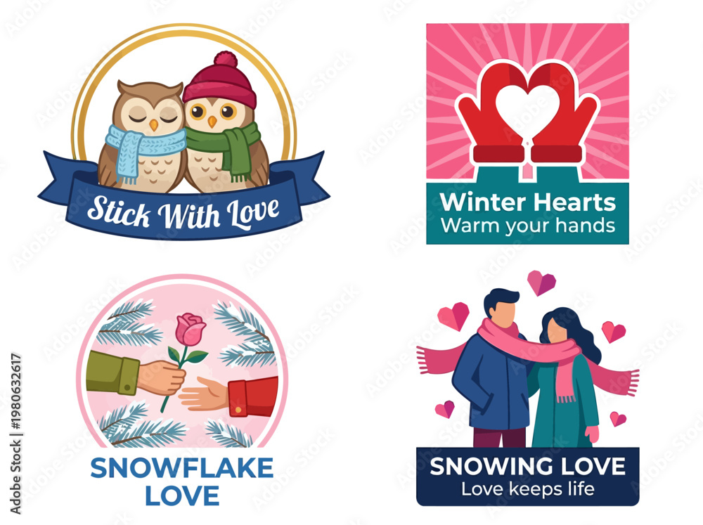 Fototapeta premium Set of Winter Love and Romance Illustrations with Owls, Mittens, and Couples for Valentine's Day