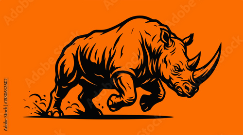 Powerful rhino charging forward with determination and strength on orange background.