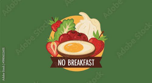 A flat illustration shows a sunny-side-up egg surrounded by fresh fruits and vegetables