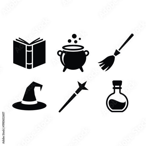 Witchcraft magic icons set, spell book cauldron wand hat broom potion bottle, halloween party elements, silhouette vector, fantasy wizard design