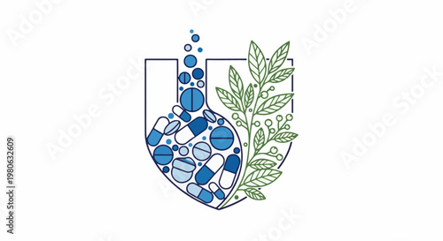 Shield containing pills and a branch with leaves and berries