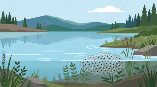 Underwater view of frog spawn eggs floating in clear lake water surrounded by aquatic plants and mountains in a flat vector illustration