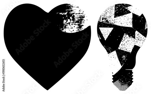 Graphic featuring a heart with textured decay and a lightbulb with geometric halftone, vector design, conceptual symbols for emotion and innovation.