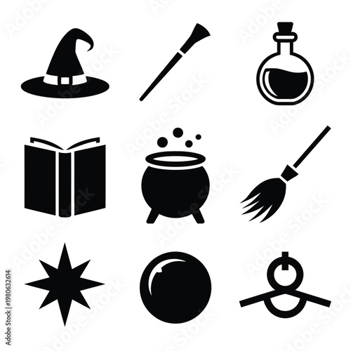Wizardry icons set, witch hat broom wand potion spell book cauldron star moon charm, halloween elements, silhouette vector, magic design