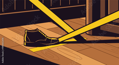 A solitary black shoe rests on a wooden floor, blocked by yellow tape