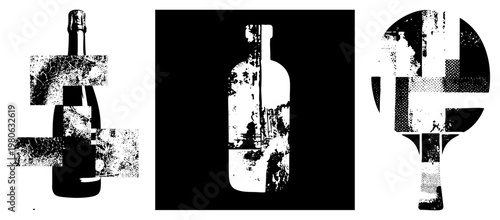 Distorted bottle graphic with distressed halftone patches, fragmented design, art, vector abstract, vintage print style, pop art influence.