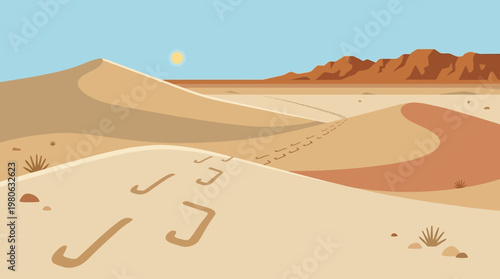 Sunny desert landscape vector illustration with winding footprints across sand dunes and distant mountains