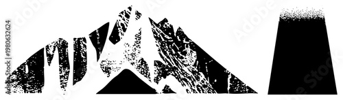 Stylized mountain range with gritty texture, jagged peaks, isolated volcano silhouette, halftone effect, vector graphic, black and white design.