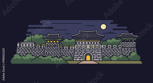 Stylized nighttime view of ancient fortress walls with illuminated gate