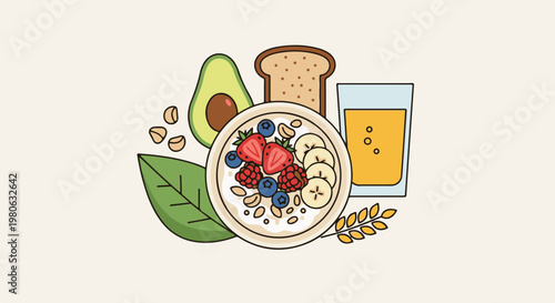 Healthy breakfast of berries, banana, nuts, avocado, toast, and juice